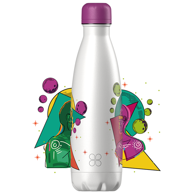 White water bottle with fancy design of a woman and man in an afro-future setting