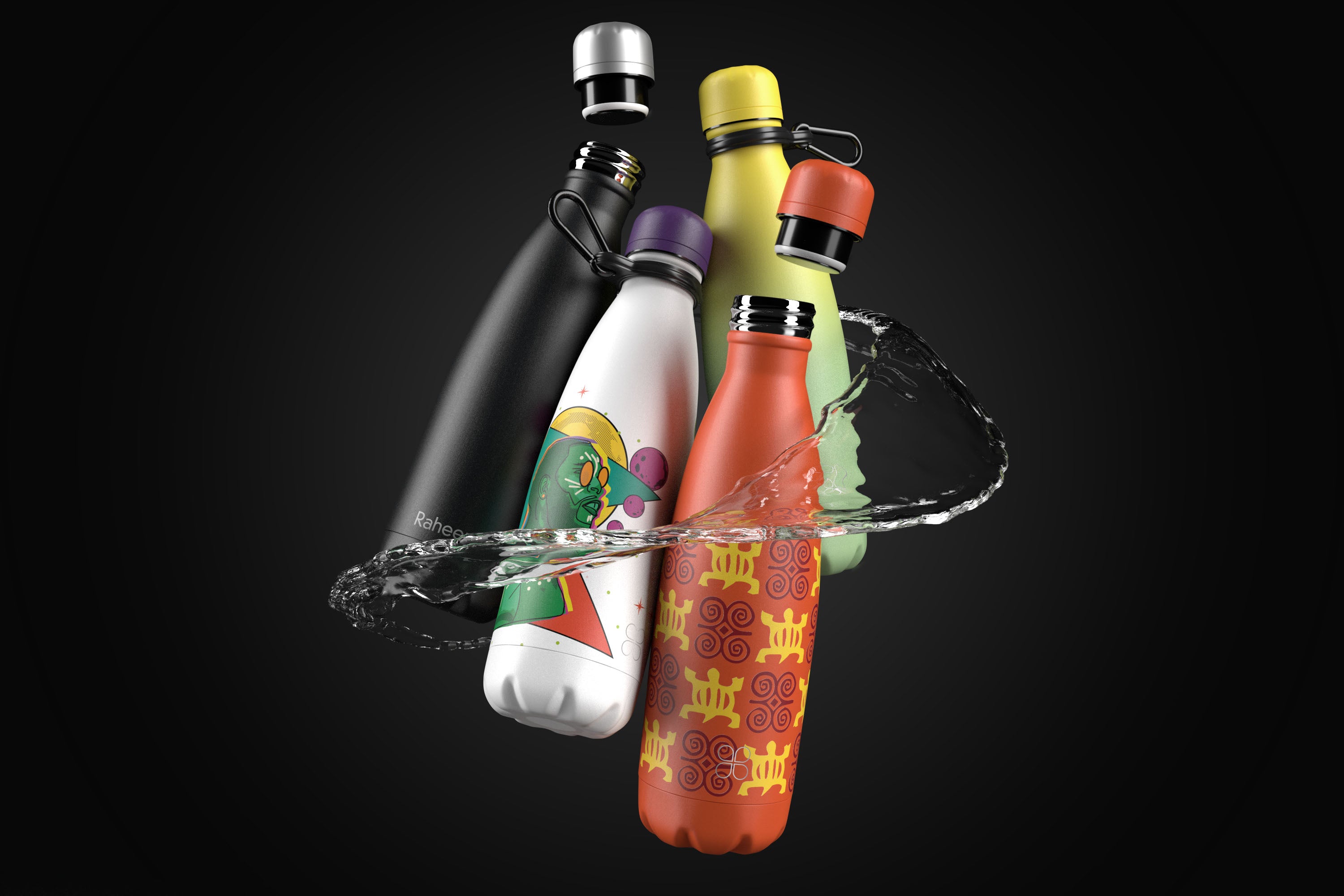 Personalised stainless water bottles floating on a black background