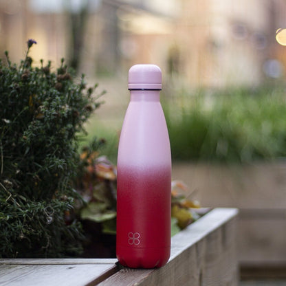 Pink and red water bottle sitting in an urban area