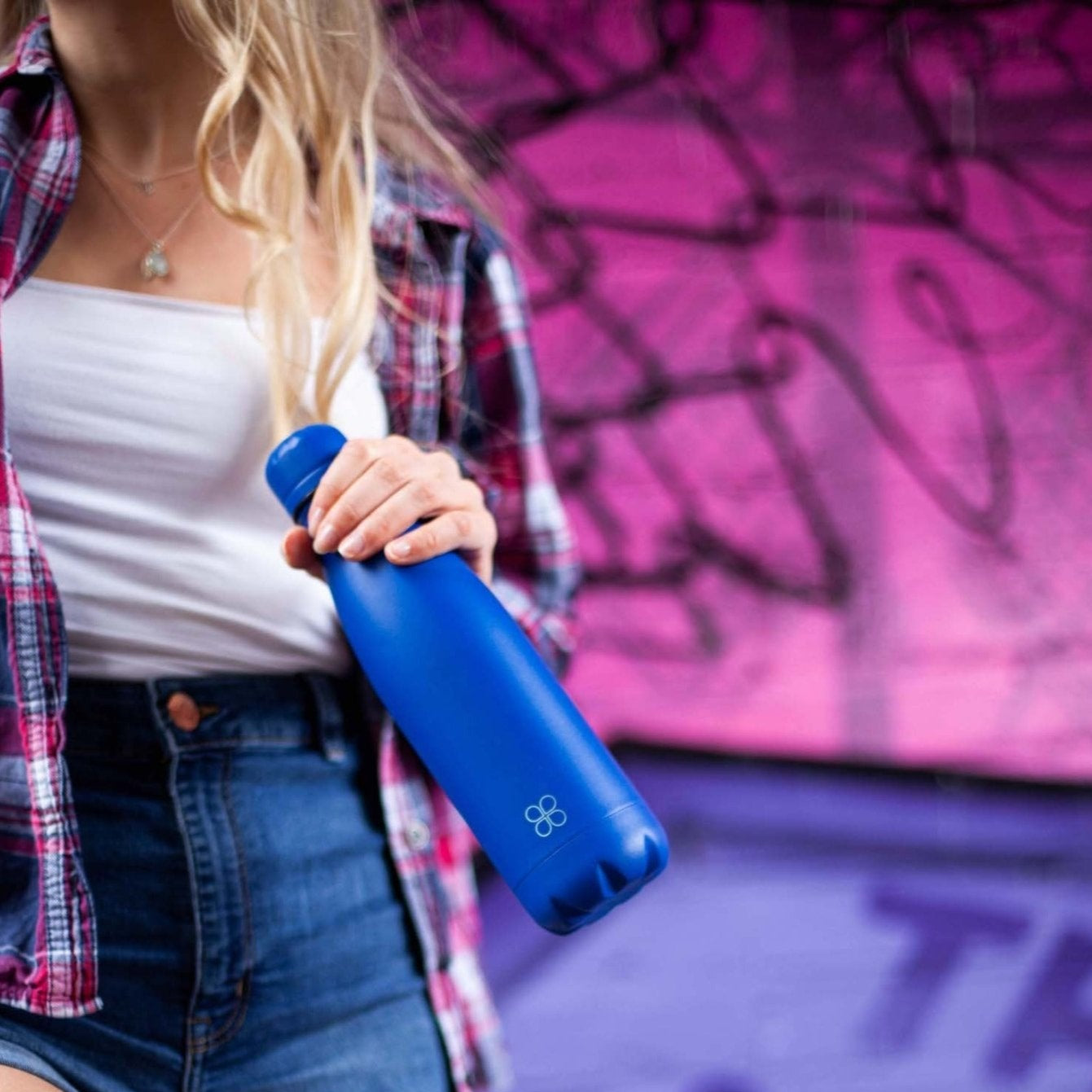 Blue Stainless Steel Water Bottle with A Lady with a Purple Background